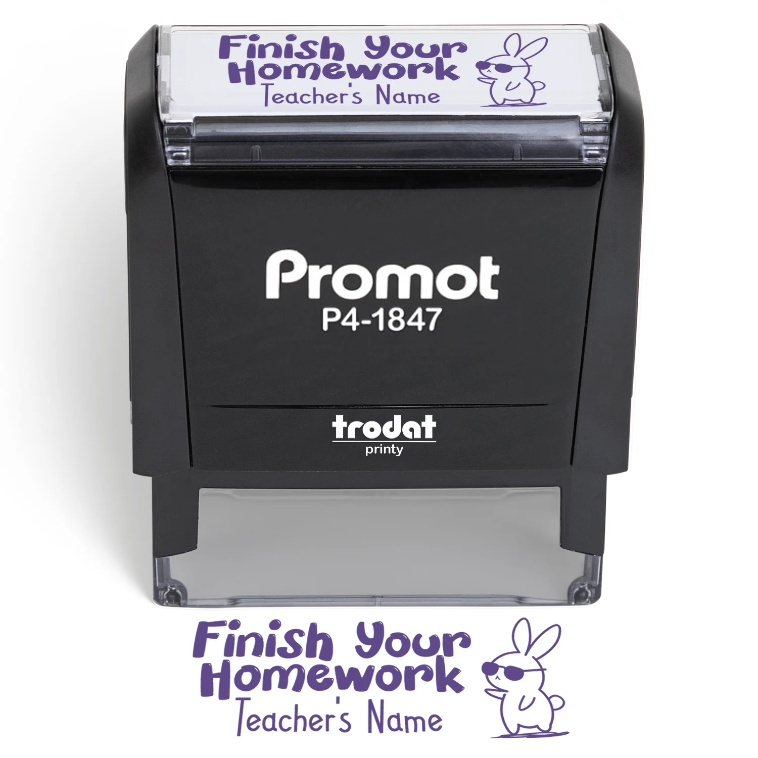 Teacher Custom Rubber Stamp "Finish Your Homework" - Medium Trodat stamp with clear sign and return imprint